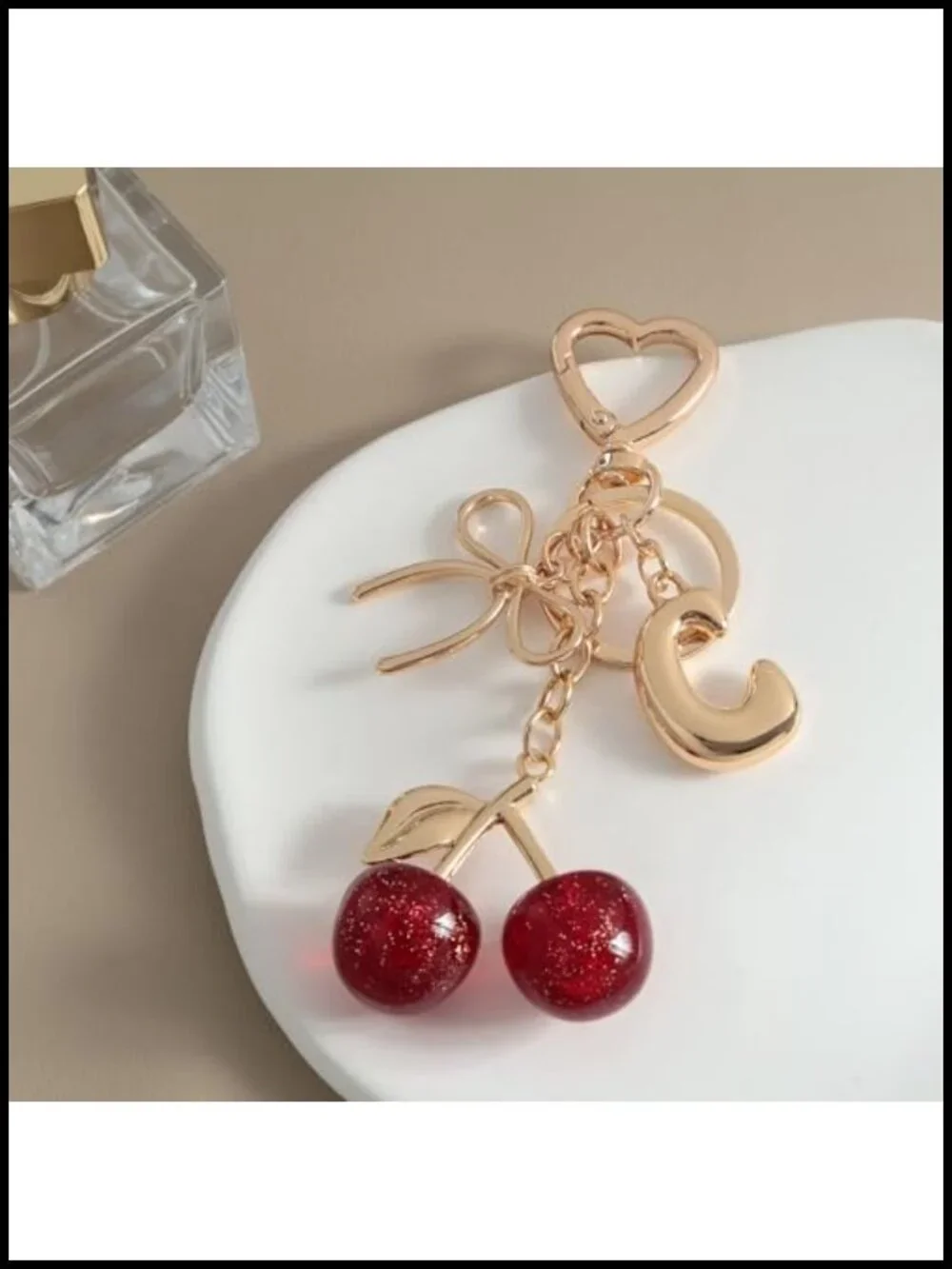 Gold-Plated Bubble Letter Initial Keychain with Cherry & Bow Bag Charm